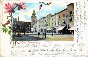 1900 Sumperk, Mährisch Schönberg; Marktplatz. Jos. Hloch / market square, shops. floral (worn corners)
