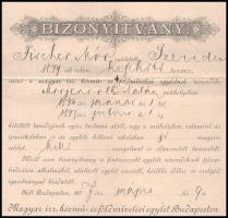 1897 Bp., A Magyar Izraelita Kézmű- és Földmívelési Egylet által kiállított bizonyítvány