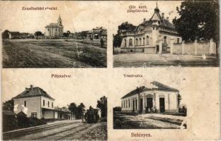 Belényes, Beius; Erzsébet tér, Görögkatolikus püspöki lak, Vasút utca, Pályaudvar, vasútállomás, gőzmozdony, vonat / square, Greek Catholic bishop's residence, street, railway station, locomotive, train (r)