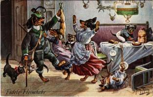 Fidele Heimkehr / Dachshund dogs family, hunter. T. S. N. Serie 1963 s: Arth. Thiele (fa)