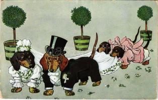 Dachshund dogs art postcard, wedding (non PC) (kopott sarkak / worn corners)