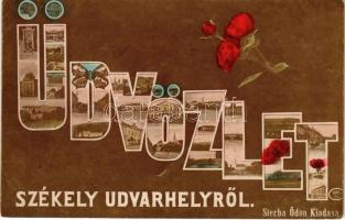 1907 Székelyudvarhely, Odorheiu Secuiesc; Üdvözlet, részletek pillangó hölggyel. Sterba Ödön kiadása / multi-view postcard with butterfly lady and greetings. Oranotypie (EK)