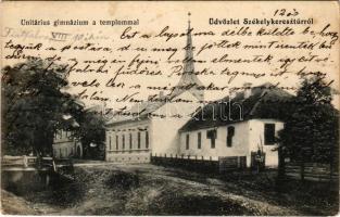 1913 Székelykeresztúr, Kristur, Cristuru Secuiesc; Unitárius gimnázium a templommal. Ifj. Szemerjay Károly kiadása / Unitarian church and grammar school (fl)
