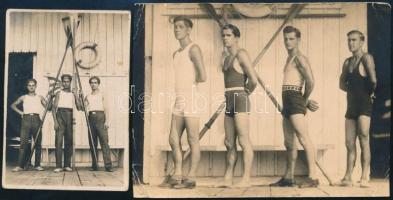 1930, 1932 Hunnia csónakház, evezősökről készült fotók, 2 db, feliratozva, felületén törésnyomok, 8×5,5 és 8,5×11,5 cm