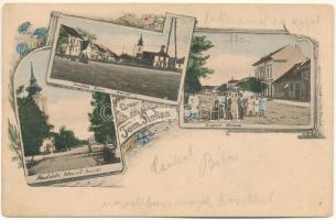 1900 Temesrékas, Temes-Rékás, Recas; Hauptplatz, Lugoser Strasse / Fő tér, Lugosi utca, piac, üzletek. Szecessziós-virágos keret / main square, street, market, shops. Art Nouveau, floral frame (r)