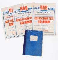 Állami Bábszínház, Aladdin és a csodalámpa előadás szövegkönyve, "Rendező példány", gépirat, kézzel írt bejegyzésekkel, javításokkal, félvászon-kötésben + 3 db Állami Bábszínház, Rosszcsont Peti kalandjai előadás plakát, hajtva, lapszéli sérülésekkel, 41x30 cm körül