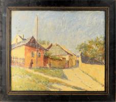 Guzsik Ödön (1902-1954): Napfényes utca sétálókkal. Olaj, karton, jelzett. Kissé vetemedett Dekoratív, kissé sérült fakeretben, 45×55 cm