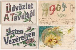 4 db RÉGI (1905 előtti) üdvözlőlap, közte litho / 4 pre-1905 greeting art postcards, with 1 litho