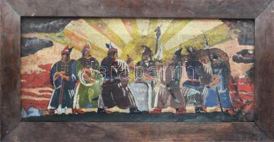 Olvashatatlan jelzéssel, XX. sz. első fele: Vérszerződés. Olaj, vászon. Sérült. Kissé kopott fakeretben, 32×70,5 cm