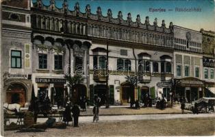 Eperjes, Presov; piac, Rákóczi ház, Spira Henrik, Eichenbaum, Goldwender és Moskovits-cipőgyár üzlete. B. J. Bp. 18. / shops, market, mansion (EK)