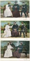 6 db RÉGI humoros képeslap: hölgy és gardedámja az udvarlóval, egy levelezésből / 6 pre-1945 humour ...