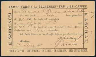 1885 Futott 2kr díjjegyes levelezőlap hátoldalán kávéüzem előnyomott közleményével / hírdetésével "KASSA" - "SZELISTYE"