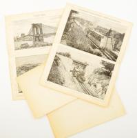 cca 1900-1930 Függőhidak (Brooklyn híd, Lánchíd) és közlekedési eszközök (svábhegyi fogaskerekű vasút, automobilok, stb.), 4 db illusztráció a Pallas Nagy Lexikonából, ill. Révai Kereskedelmi Lexikonából, részben kissé foltos, 30x24 cm körül