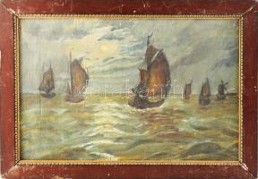 Olvashatatlan jelzéssel: Vitorlások, 1920. Olaj, vászon. Jelezve jobbra lent. Kisebb sérüléssel. Dekoratív, kissé sérült fakeretben, 29,5x44 cm.