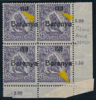 Baranya I. 1919 Hadisegély 15f ívsarki 4-es tömb, a felső két bélyeg antikva számokkal, ívbehajlás miatt érdekesen elfogazva, Bodor vizsgálójellel