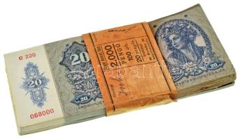 1941. 20P (76x) sorszámkövető, hiányos köteg "C 220 067899 - C 220 068000" között, Magyar Nemzeti Bank kötegelővel. A köteg állapota miatt több nézőpontból készült fénykép. T: Hajtatlan, de rendkívül vegyes állapotú köteg, személyes megtekintés ajánlott! Hungary 1941. 20 Pengő (76x) consecutive serial bundle with missing pieces, between "C 220 067899 - C 220 068000". With Magyar Nemzeti Bank wrapper. Mixed condition, please refer the photos made from several angles. C: Unfolded banknotes, but some notes in the bundle are in lesser condition, personal view recomended! Adamo P12
