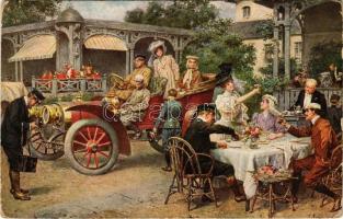 Guests arriving in an automobile, restaurant. T. S. N. Serie 1212. (kopott sarkak / worn corners)