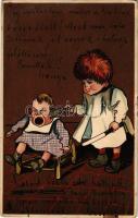 1912 Gyerek művészlap: a kis fodrász / Children art postcard, hairdresser. Raphael Tuck &amp; Sons "Komische Kinder" Serie No. 305B. litho, artist signed (EK)