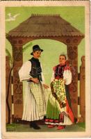 1938 Kalotaszegi népviselet, képeslapfüzetből. Székely Egyetemi és Főiskolai Hallgatók egyesülete kiadása / Transylvanian folklore from Kalotaszeg, from a postcard booklet s: Szilágyi J. (EB)