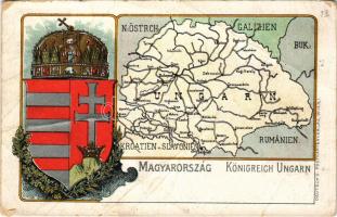 Magyarország térképe, amikor még határos volt Bukovinával és Galíciával / Königreich Ungarn. Deutsch's Postkartenverlag (Wien) / Map of the Hungarian Kingdom, coat of arms. litho (gyűrődések / creases)