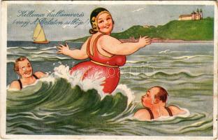 1940 Balaton, "Kellemes hullámverés (vagy A Balaton sellője)" humoros karikatúra (EK)