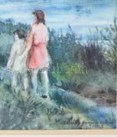 Lelkes Dergács Mária (1910-1991). Vízparti séta, 1983. Akvarell, papír, jelzett. Üvegezett fakeretbe...