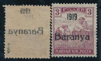 Baranya I. 1919 Arató 3f antikva számokkal és a felülnyomás gépszín átnyomatával + támpéldány, Bodor vizsgálójellel