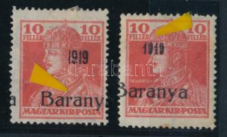 Baranya I. 1919 Károly 2 db 10f az egyik antikva számokkal, a másik eltolódott felülnyomással, Bodor vizsgálójellel