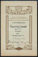 1935 Bp., a Magyar Gyorsírók Országos Szövetsége kerületi gyorsíróversenyének emléklapja, rajta Radnai Béla (szül. Röszner Béla Alajos) (1891-1962) gyorsíró, műgyűjtő, elnök és mások aláírásával, 24,5x16,5 cm