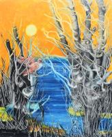 Kelecsényi Adél (-2009): Madár, 1986. Olaj, farost. Jelzett. Hátoldalán autográf ajándékozási sorokkal. 65×54 cm