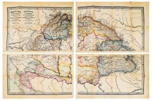 Magyarország, Szerb Vajdaság és Temesi Bánság, Erdély, Horvát- és Tótország és Határőrvidéknek térképe, iskolák számára. ? Schulkarte von Ungarn, der serb. Wojvodschaft. u. dem Temeser Banat, Siebenbürgen, Croatien, Slavonien und der Militergränze. tervezte és rajzolta Thot A.[ntal] J. F.. Arad. [187?] Bettelheim Testvérek. Ny. L. Förster, Bécs. Litográfált térképlapok 150x98 cm összesen, négy térkép szelvényen. Egyik szelvényen kis szakadás, enyhe folt, egyébként jó állapotban. Ritka térkép.