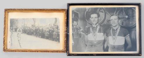 Németh Miklós és Károly kerékpárversenyzők keretezett fotói, 2 db, 12×18 és 17×23 cm