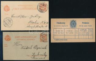 1873-1914 8 db díjjegyes közte feladóvevény, táviratlap, zárt levelezőlap, boríték, több külföldre ment