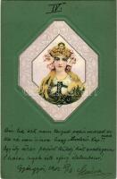 1902 Szecessziós hölgy művészlap, ragasztott / Art Nouveau lady postcard (gyűrődés / crease)
