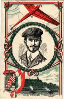 1915 Lovag Pischoff Budapesten, hátoldalon Wágner a "Hangyszerkirály" reklámja / Alfred Ritter von Pischoff aviator in Budapest commemorative postcard, with Hungarian advertisement on the background (fa)