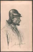 Márton Jenő (működött a XX. sz. elején): Tűzoltó figura. Tus, papír. Jelzett, 22x35 cm