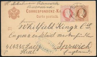 Ausztria 1884 Díjjegyes levelezőlap 5kr díjkiegészítéssel "CZERNOWITZ" - Ipswich