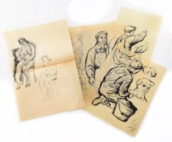 Jelzés nélkül: Munkások, mesterek, 7 db vázlat. Tus papír 37x29 cm