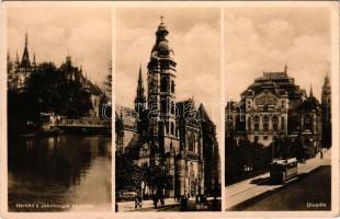 1938 Kassa, Kosice; Hernád folyó és a Jakab palota, színház, villamos, székesegyház / Hernád s Jakobovym palacom, Dóm, Divadlo / Hornád river, palace, cathedral, tram, theatre + "1938 Kassa visszatért" So. Stpl (EK)