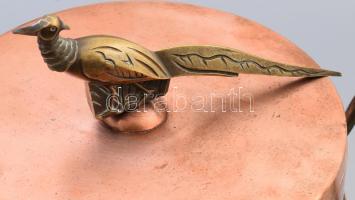 Art deco nagyméretű réz fazék, bronz fácán fogóval, d: 21 cm, m: 25 cm