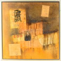 Árvay Zoltán János / Árvay Zoltán (1949-): Minden megfizetve, olaj, vegyes technika, kollázs, vászon, faroston, hátoldalán jelzett. 50x50 cm. Dekoratív fakeretben