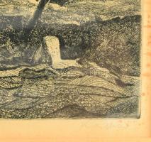 Kádár György (1912-2002): Lebegő kő. Rézkarc, papír, jelzett. 24x30 cm Üvegezett keretben