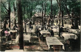 1911 Karánsebes, Caransebes; Lichtneckert szállodai vendéglőkert, kerthelyiség pincérekkel és vendégekkel. H. Rosenfeld kiadása / Gartenrestauration des Hotel Lichtneckert / hotel, restaurant garden with guests and waiters (kicsit ázott sarkak / slightly wet corners)