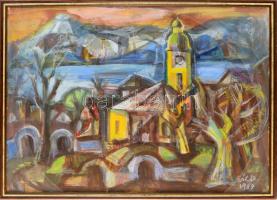 Gál Dezső (1924-2004) Dunaparti város. Tempera, papír, ,jelzett. üvegezett keretben 48x68 cm