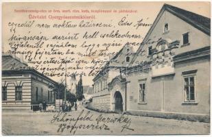 1911 Gyergyószentmiklós, Gheorgheni; Szentháromság utca, Örmény szertartású római katolikus templom és plébánia. Kossuth nyomda kiadása / street view, Armenian Catholic church and parish + "SZÁSZRÉGEN - SZÉKELYKOCSÁRD 129" vasúti mozgóposta bélyegző (EK)