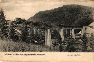 Tiszolc, Tisovec; Tiszolczi fogaskerekű vasút nagy viaduktja, vasúti híd, gőzmozdony, vonat. Morvay Sámuel kiadása / cogwheel railway bridge, viaduct, locomotive, train (gyűrődések / creases)
