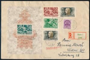 1940 Árvíz blokk díjkiegészítéssel ajánlott levélen Bécsbe, cenzúrázva