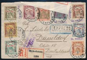 1915 Hadi segély II. sor 9 értéke, köztük elfogazott rövid felülnyomású 60f bélyeg cenzúrás expressz ajánlott levélen "MIKÓHÁZA ZEMPLÉN M." - Düsseldorf / Németországba