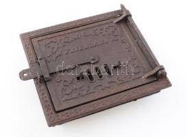 Antik öntött vas kályha ajtó, 23x28 cm