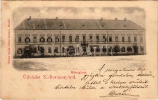 1901 Nagyborosnyó, Nagyborozsnyó, Borosneu Mare; Községháza, Szabó József vendéglője, étterem, üzlet. Müller Gyula utódai kiadása / town hall, restaurant, inn, shop (fl)